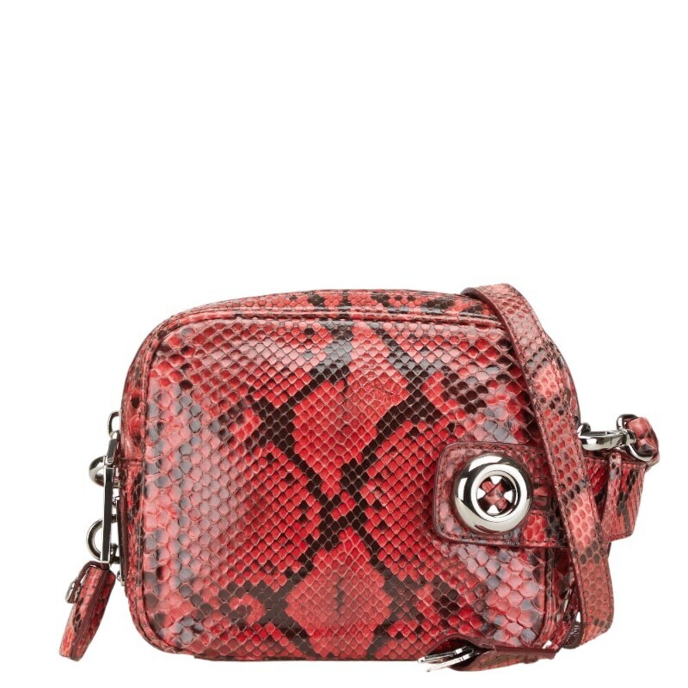 Prada Python Triangle Logo Plate Shoulder Bag Red… - image 1